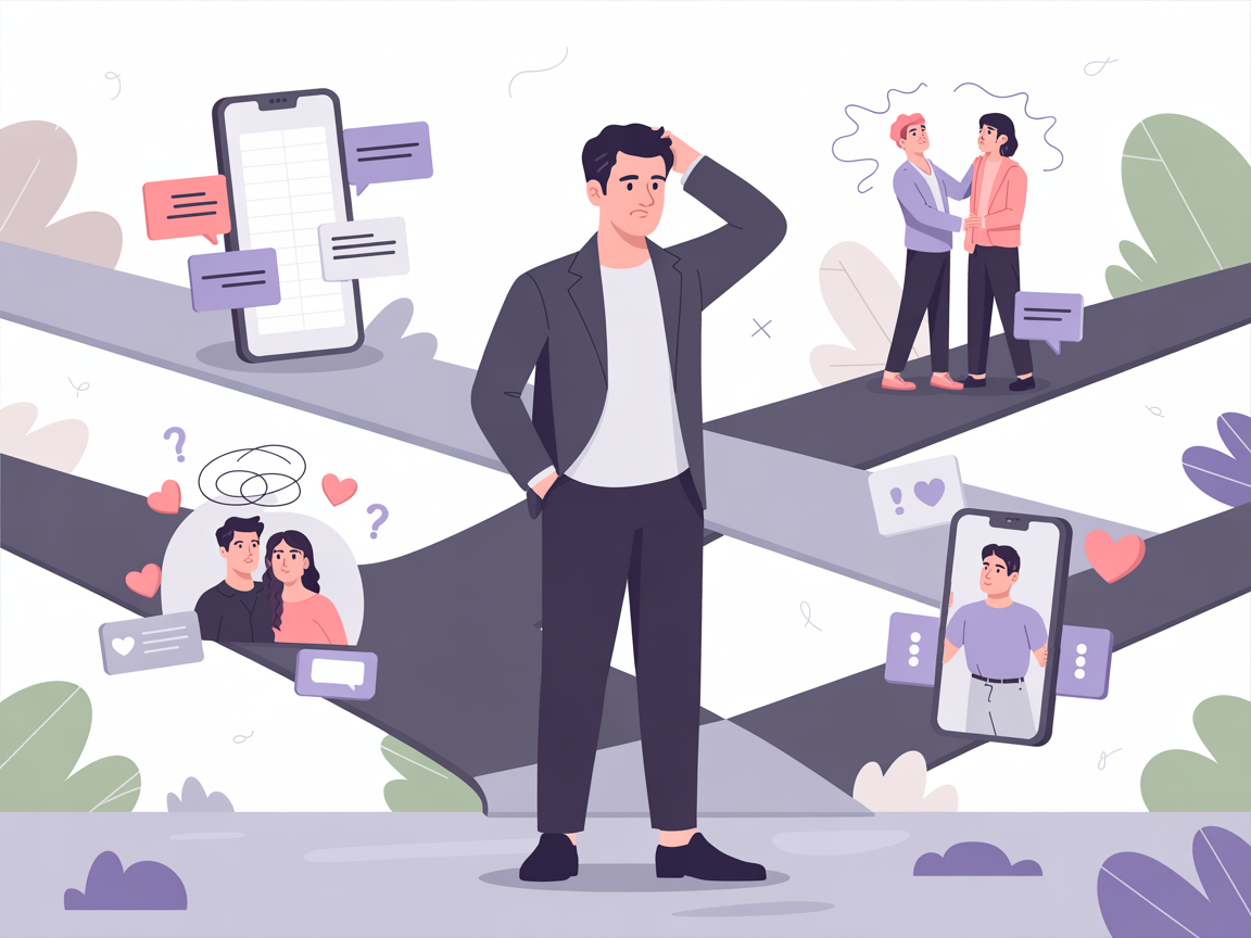 Visual representation of modern dating challenges and frustrations men face